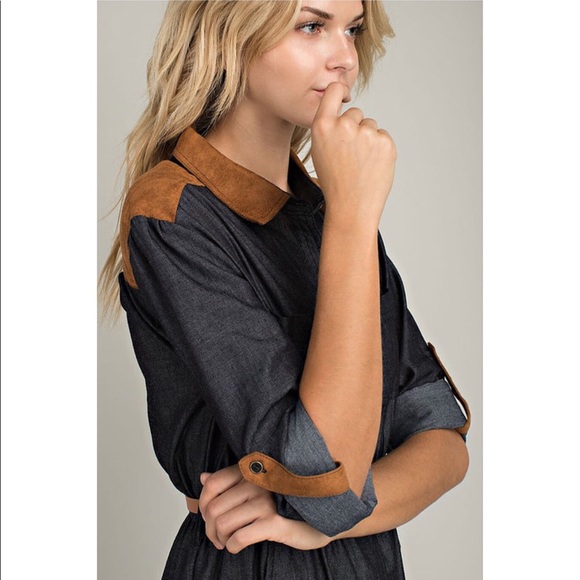 Belted Chambray Dress with Suede Contrast - Picture 4 of 6